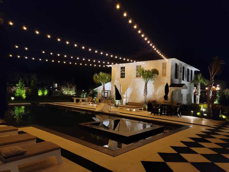 bistro lights around pool