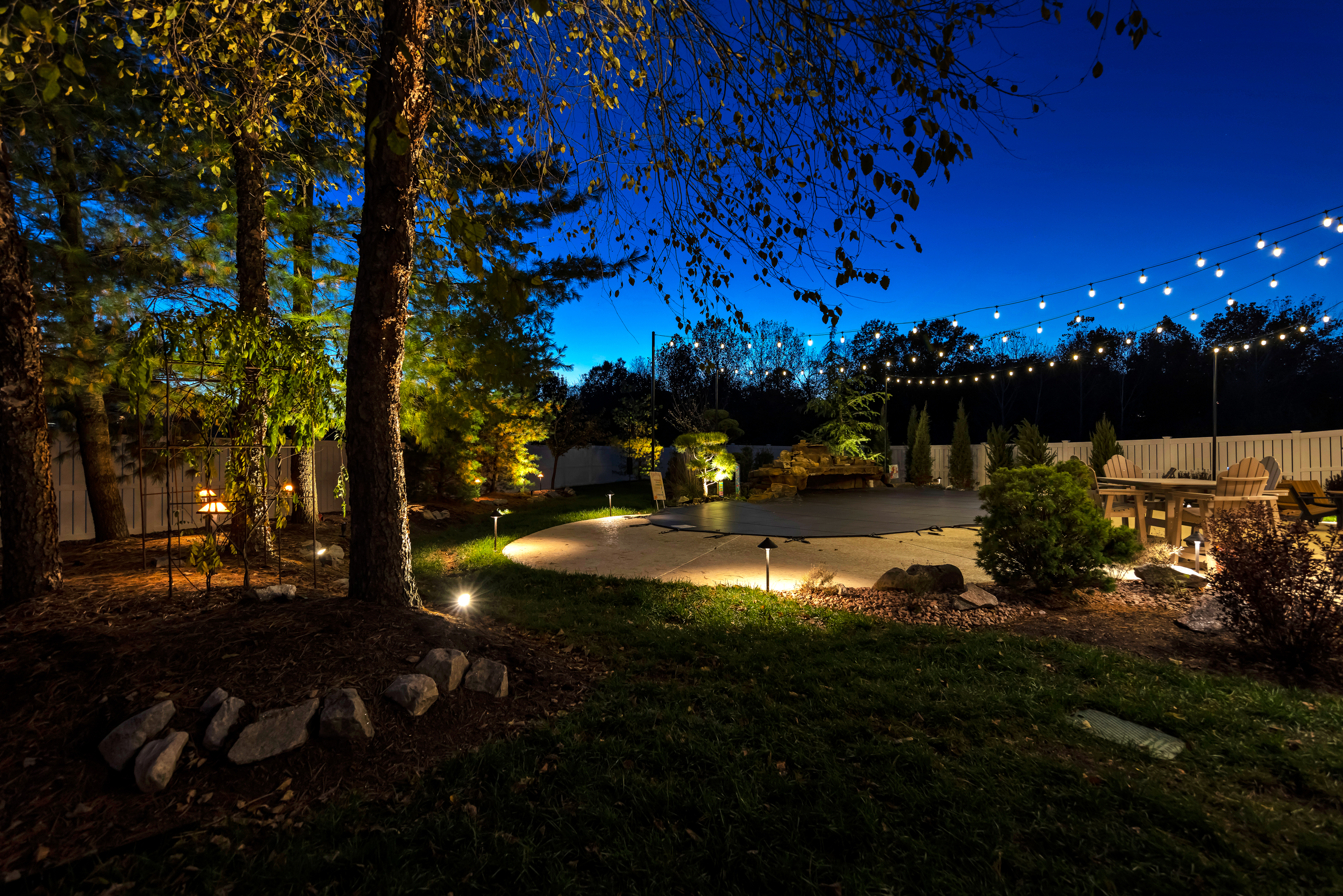 outdoor living space lit up